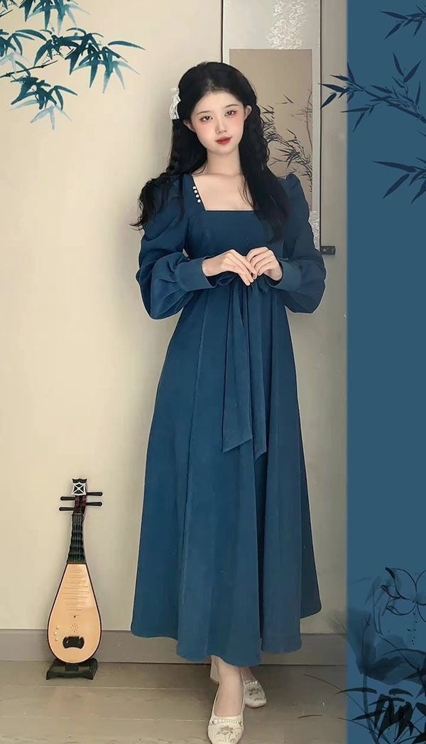 National Style New Chinese Style Spring And Autumn French Retro Elegant Slim Square Collar High Waist Skirt