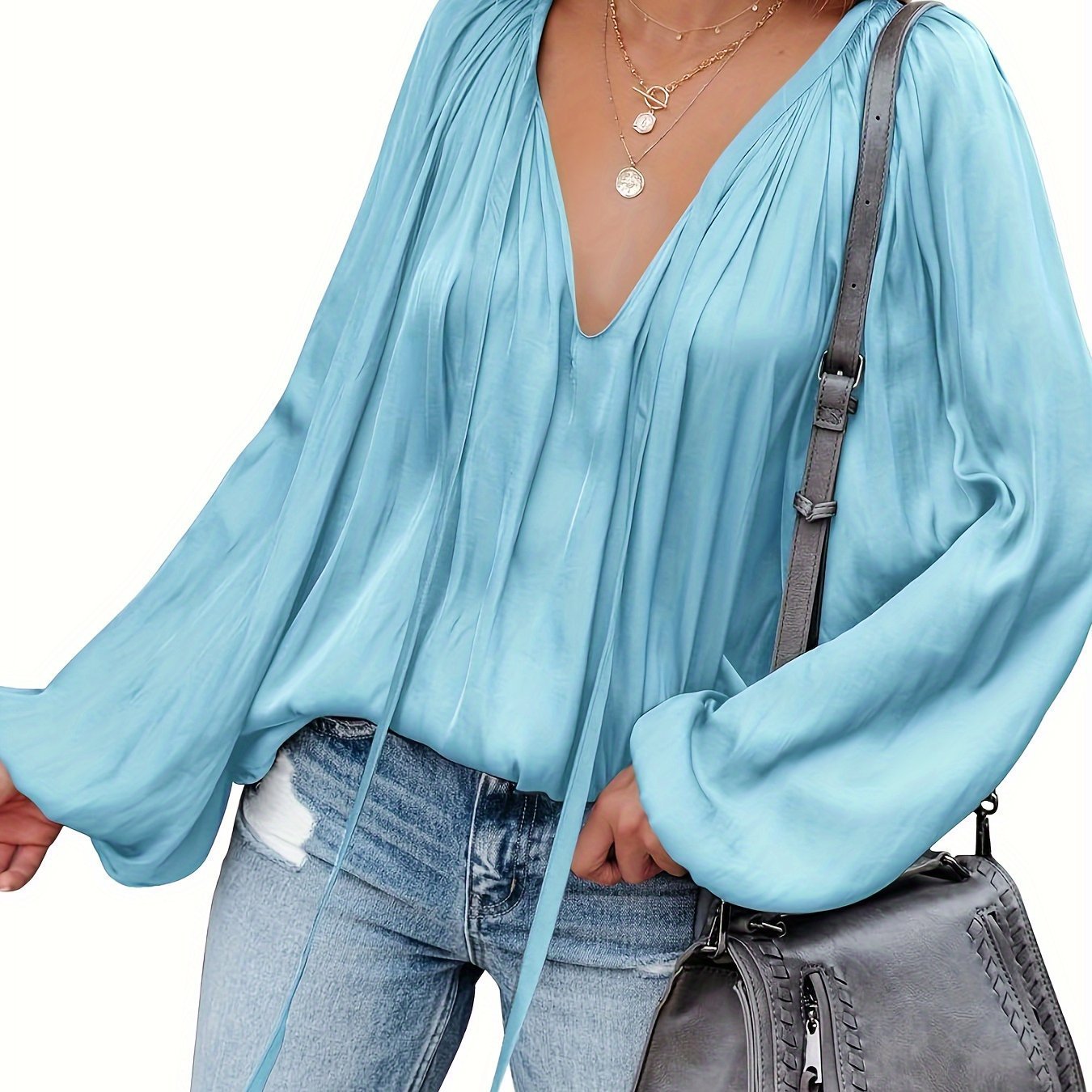 Women's Satin V-neck Long Sleeve Shirt Casual
