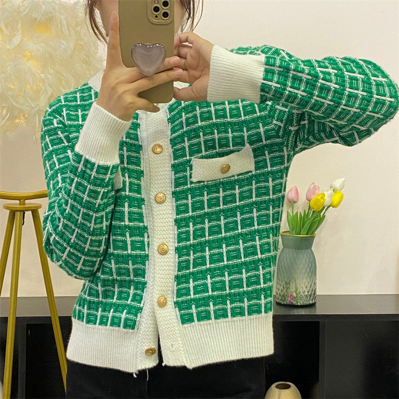 Round Neck Plaid Knitwear Cardigan Gentle Women's Coat