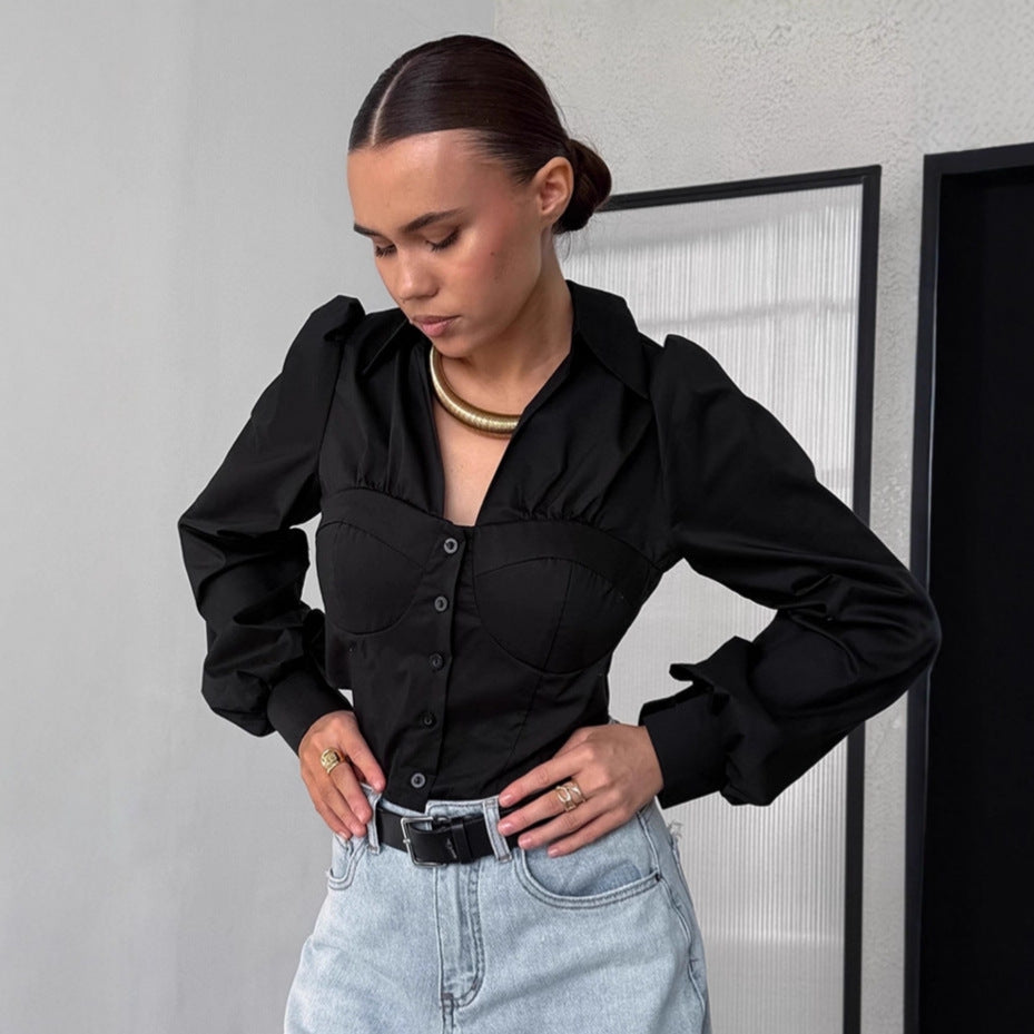 Women's Lapel Puff Sleeve Shirt Short Top