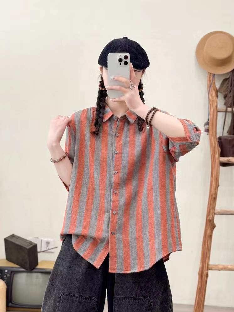 Wide Striped Printed Double-layer Yarn Loose Women's Cardigan Short Sleeve Shirt