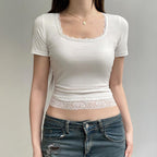 Y2g Solid Color Lace U-neck Sexy Midriff-baring Short Sleeve Top T-shirt Women's Clothing