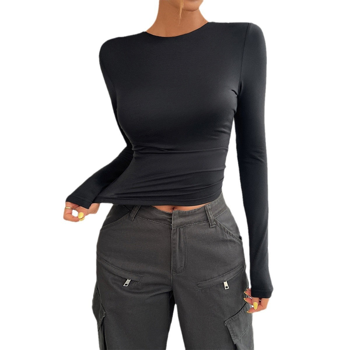 Y2g Sexy Hot Girl Slim-fit Solid Color Knitted Long-sleeved Top Women's Clothing