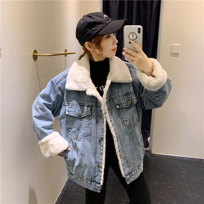Loose Jacket Large Fur Collar Denim