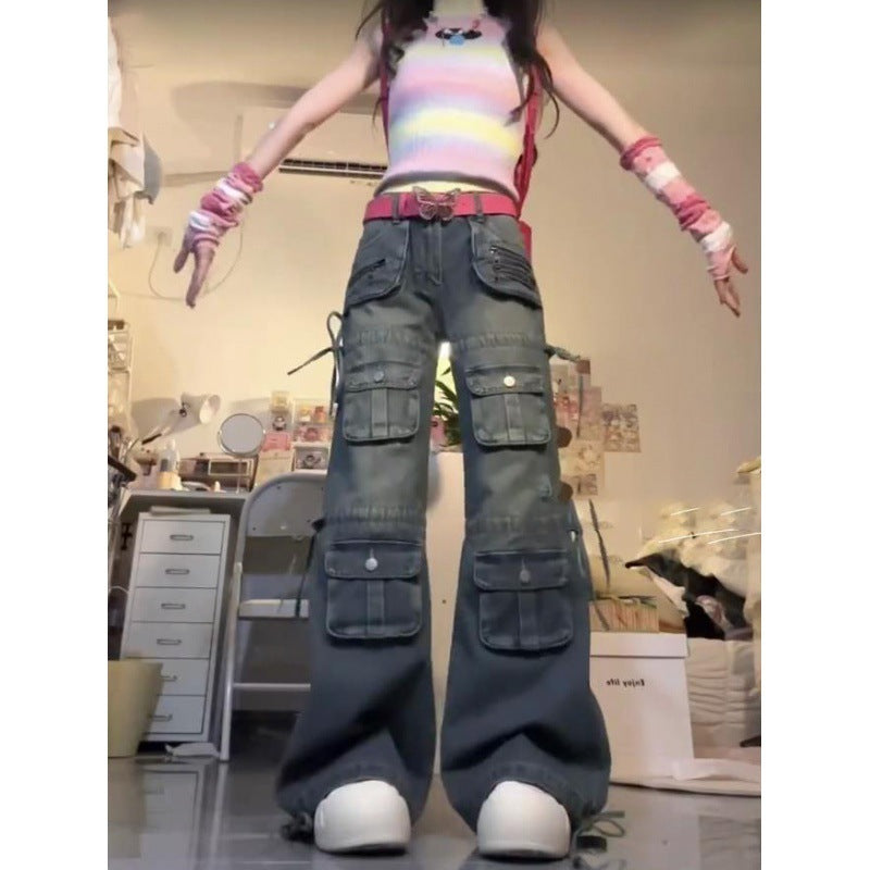 Plus Size Washed-out Vintage Multi-pocket Workwear Jeans For Women