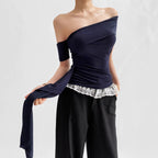 Pure Desire Ribbon Off-shoulder Tube Women's Elastic Slim-fit Asymmetric Top